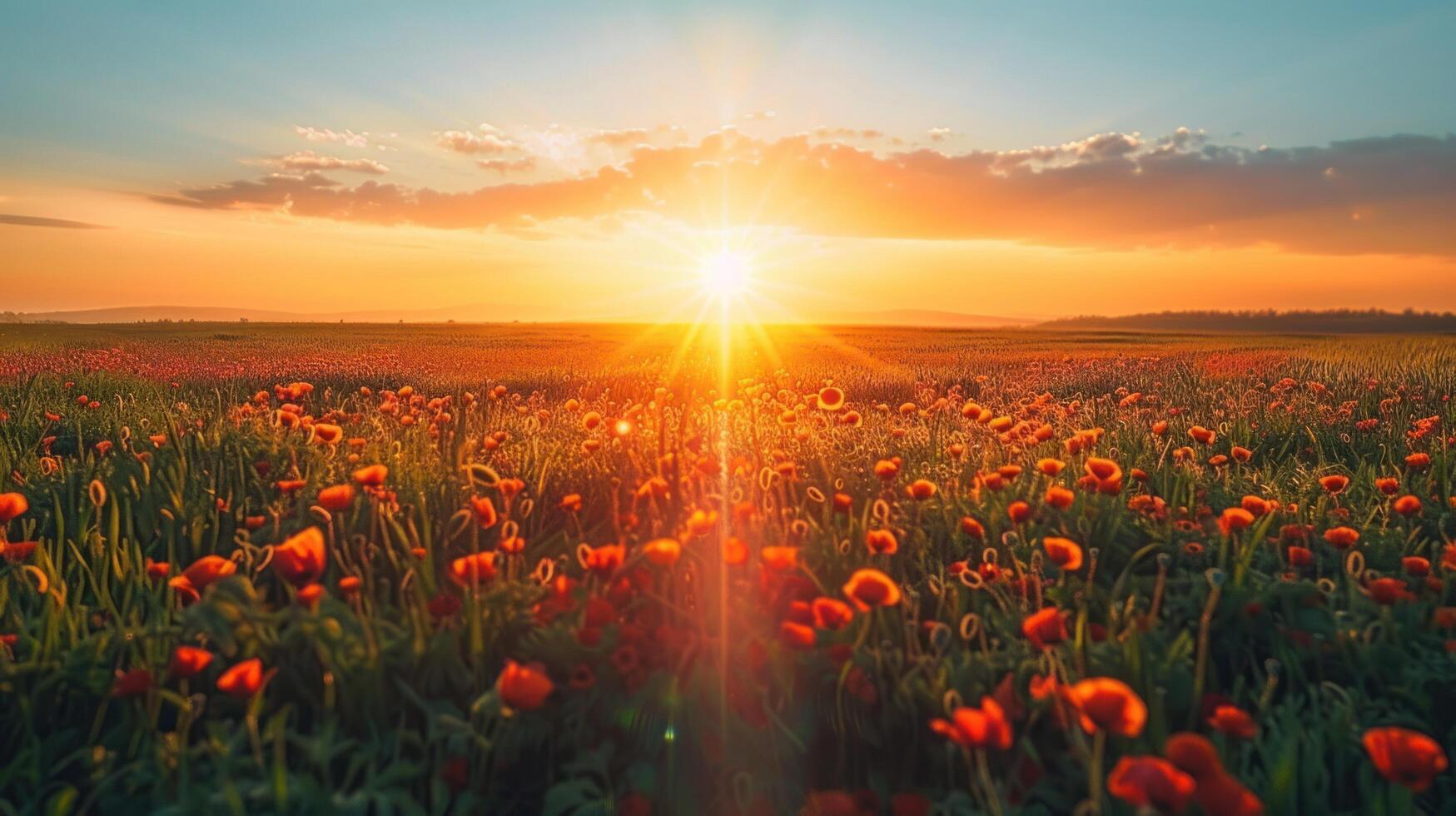 AI generated Beautiful field with poppies at sunset. There are poppy flowers below and green grass above the sun photo