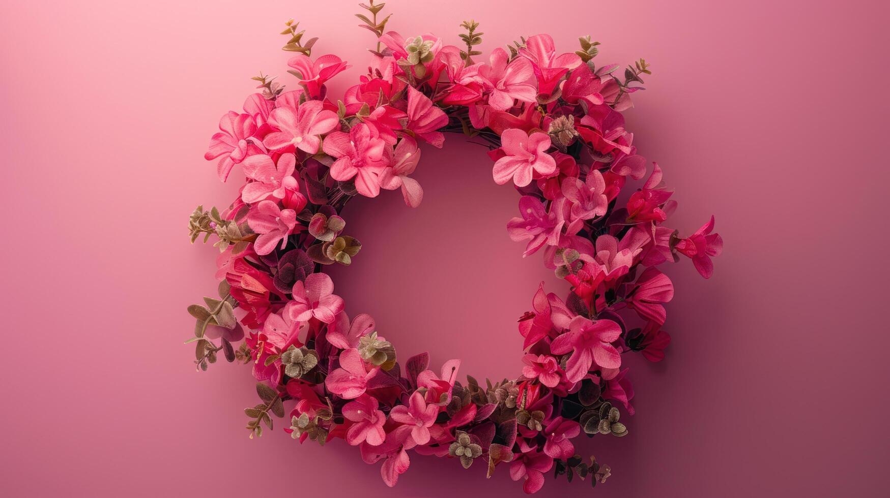 AI generated Flower Arrangement. Pink flower wreath against a pink backdrop photo