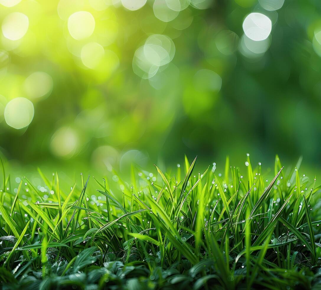 AI generated green grass background with bright bokeh and a beautiful green color photo