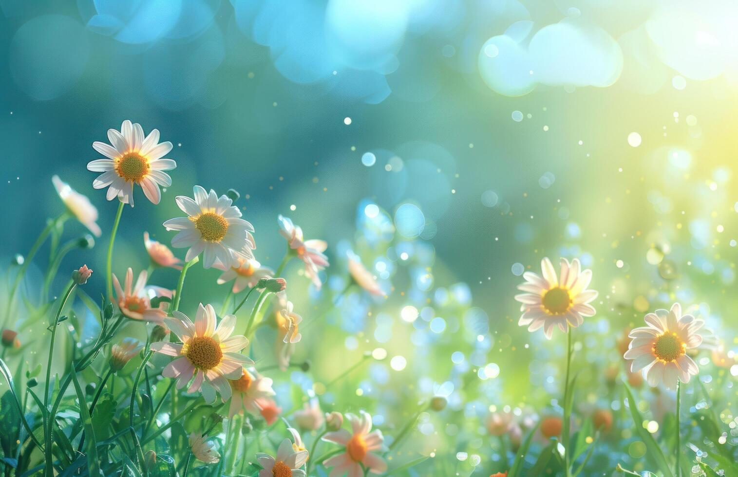 AI generated green field with daisies and bokeh sun photo