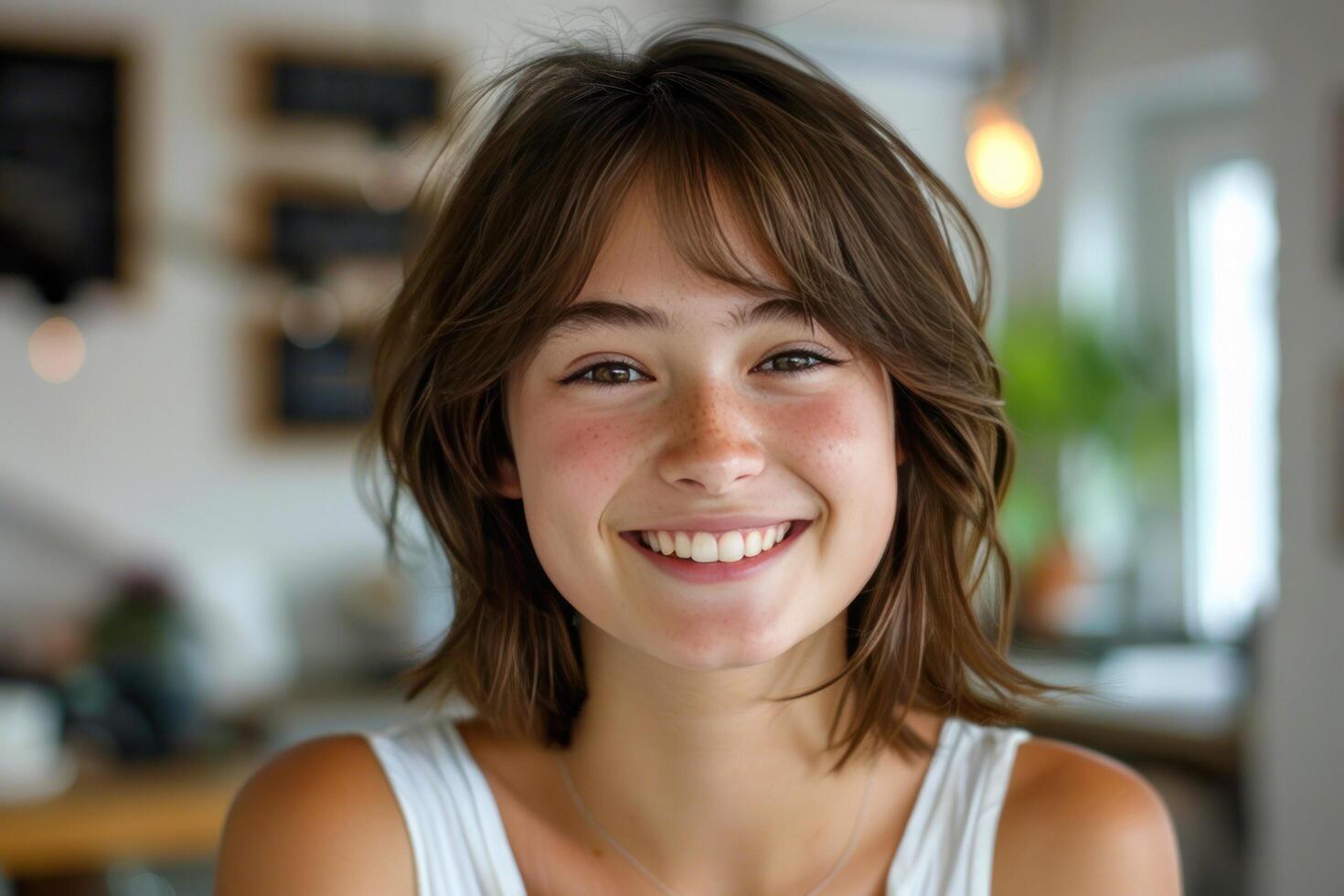 AI generated a joyful and charming teenage girl with a hairstyle, beaming widely, white teeth while photo