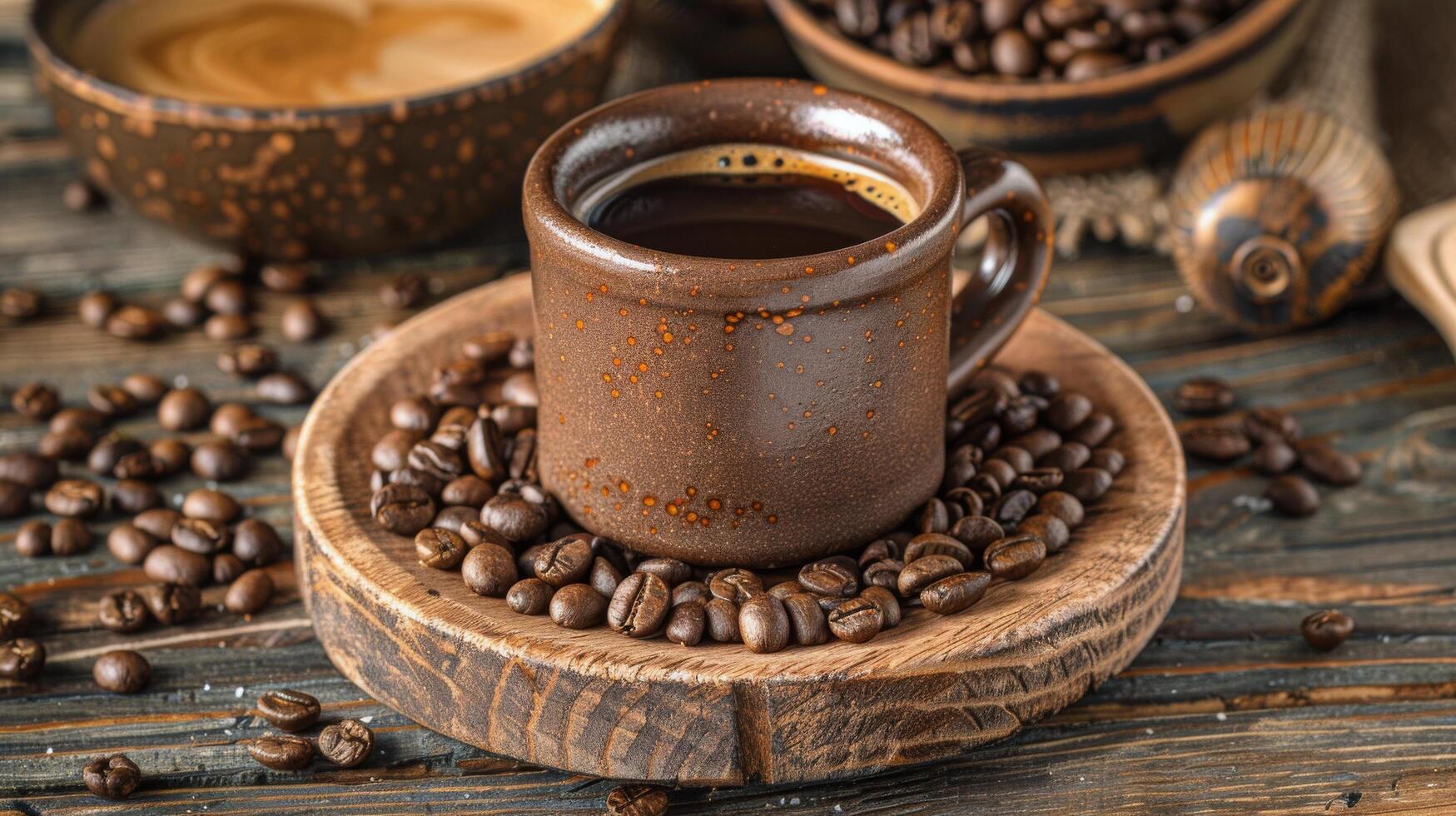 AI generated A Cup of Coffee Surrounded by Coffee Beans photo