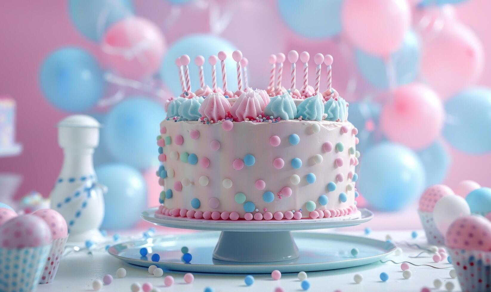 AI generated a colorful birthday cake with balloons is in the background photo