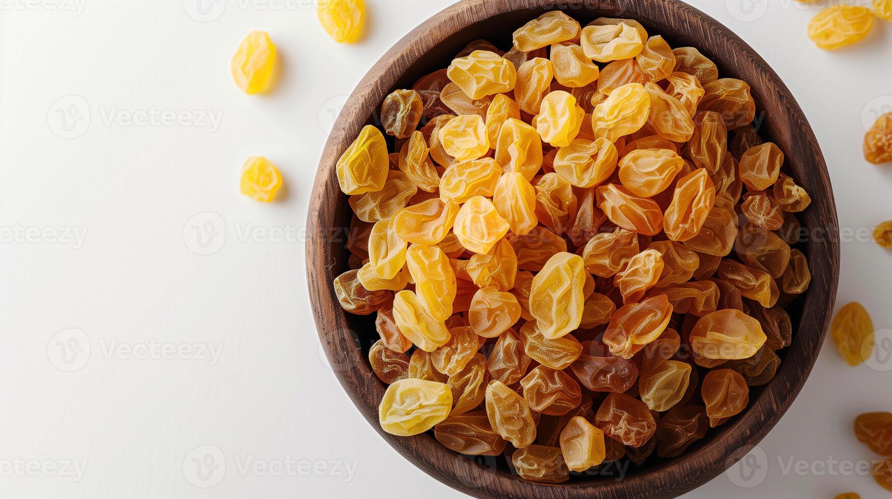 AI generated Raisins in a wooden bowl photo