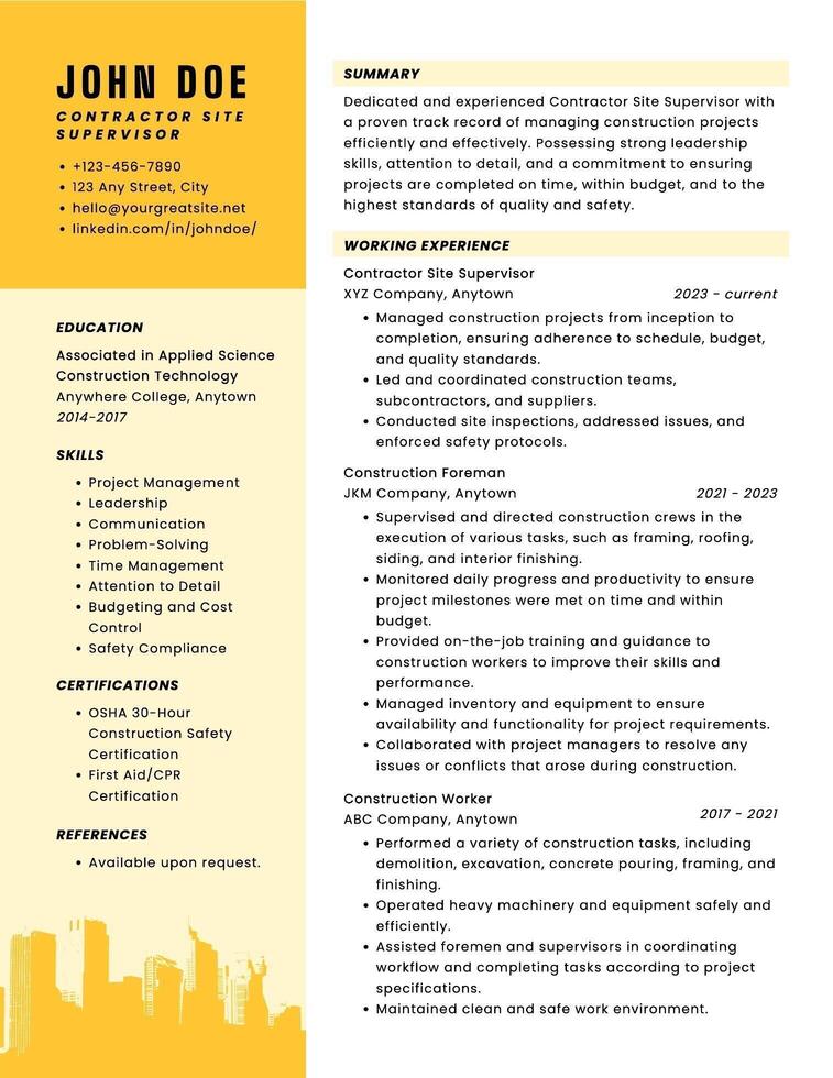 Contractor Site Supervisor Resume Template