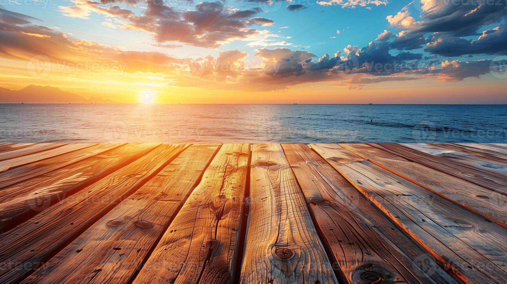 AI generated Empty Wooden Table With Sea Background photo