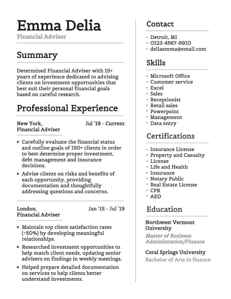 Finance Advisor Resume Template