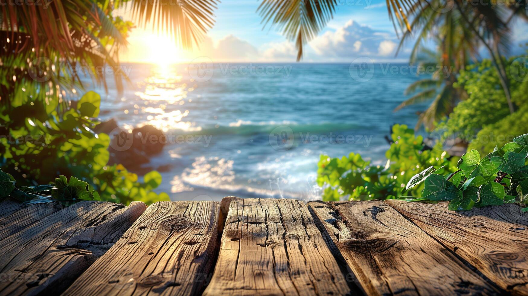 AI generated Empty Wooden Table With Sea Background photo