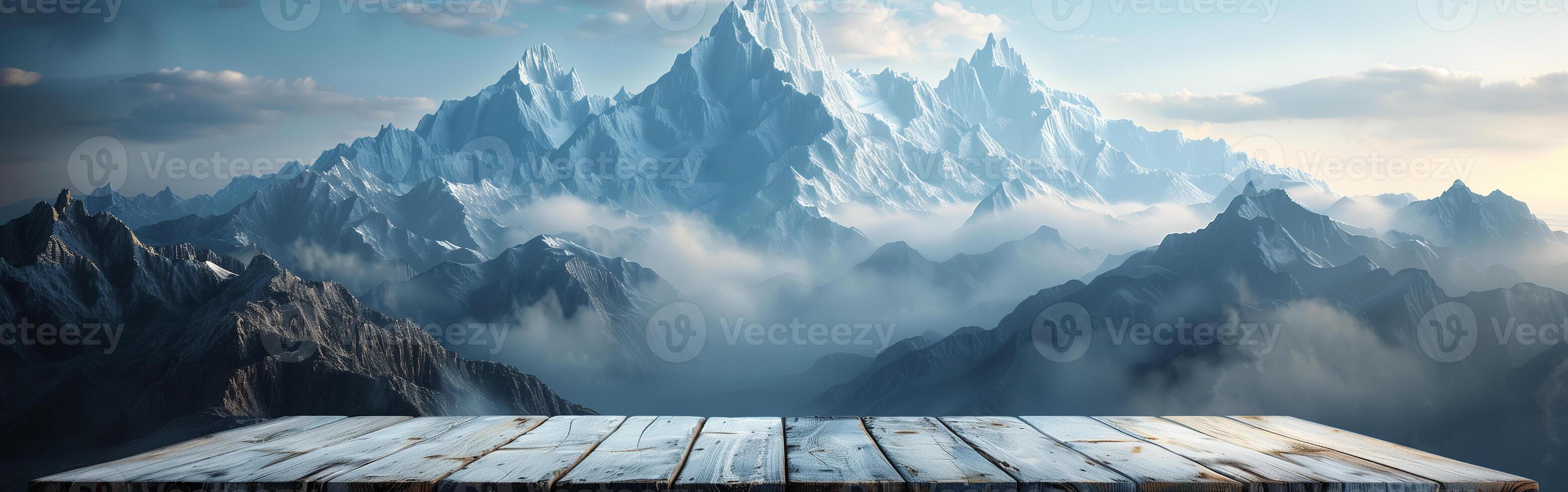 AI generated Empty Wooden Table With Mountains Background photo