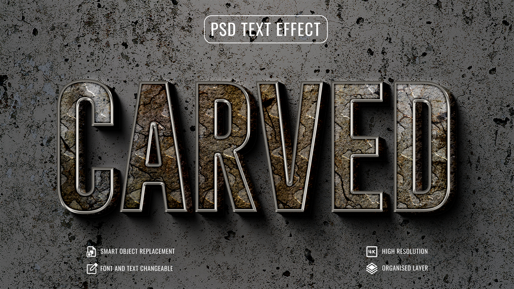 carved text effect on a grungy background psd
