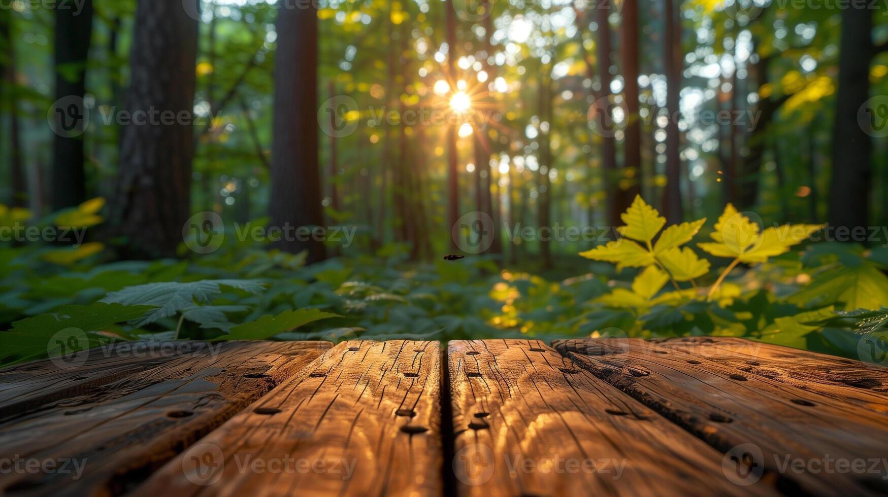 AI generated Empty Wooden Table With Garden Background photo