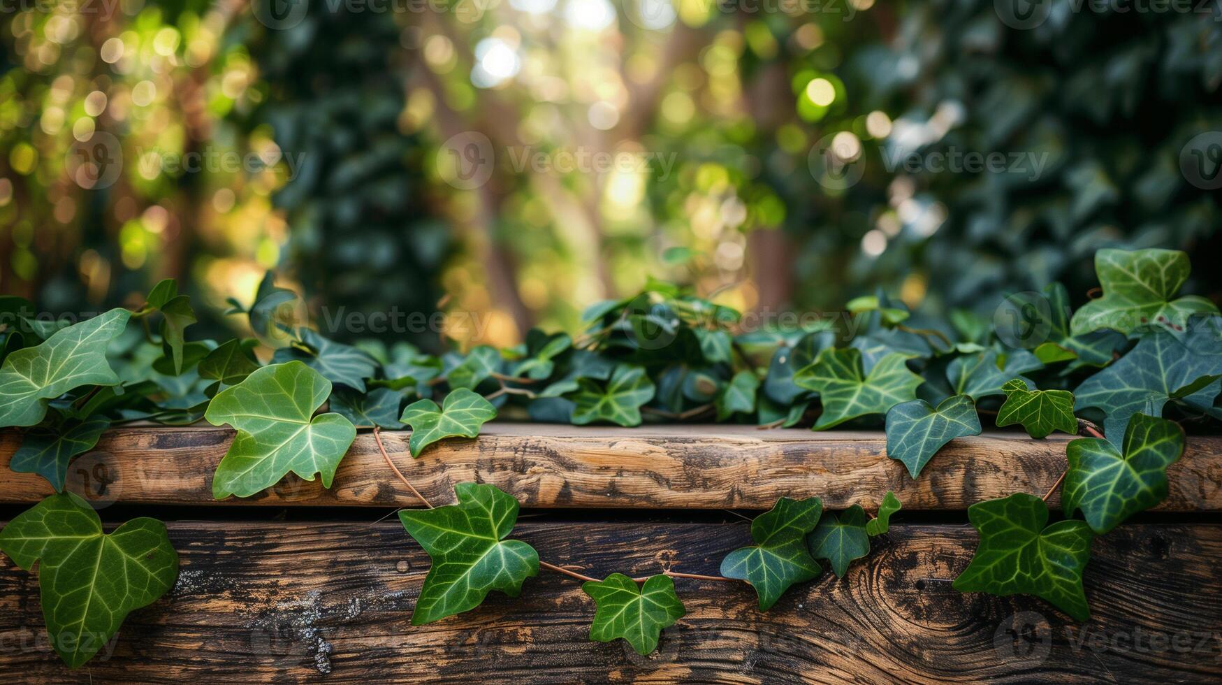 AI generated Empty Wooden Table With Garden Background photo