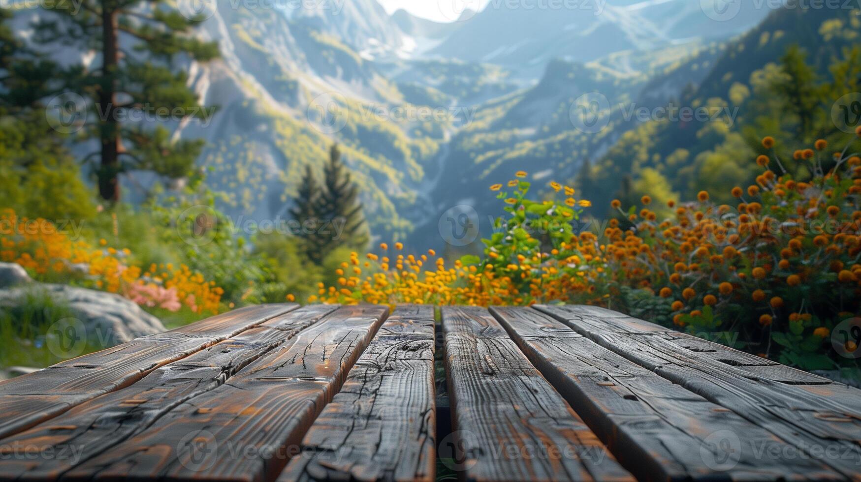 AI generated Empty Wooden Table With Mountains Background photo