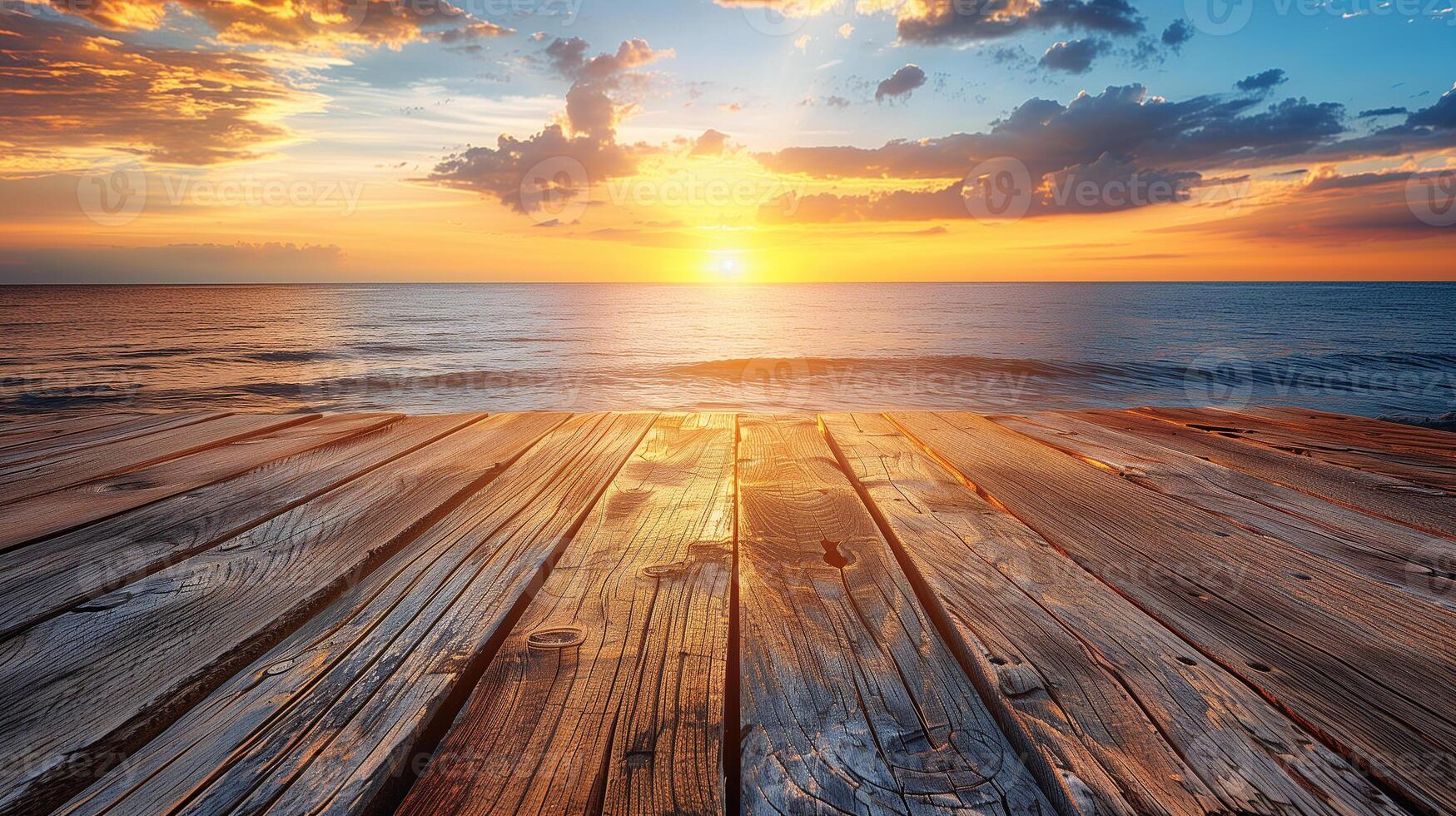 AI generated Empty Wooden Table With Sea Background photo