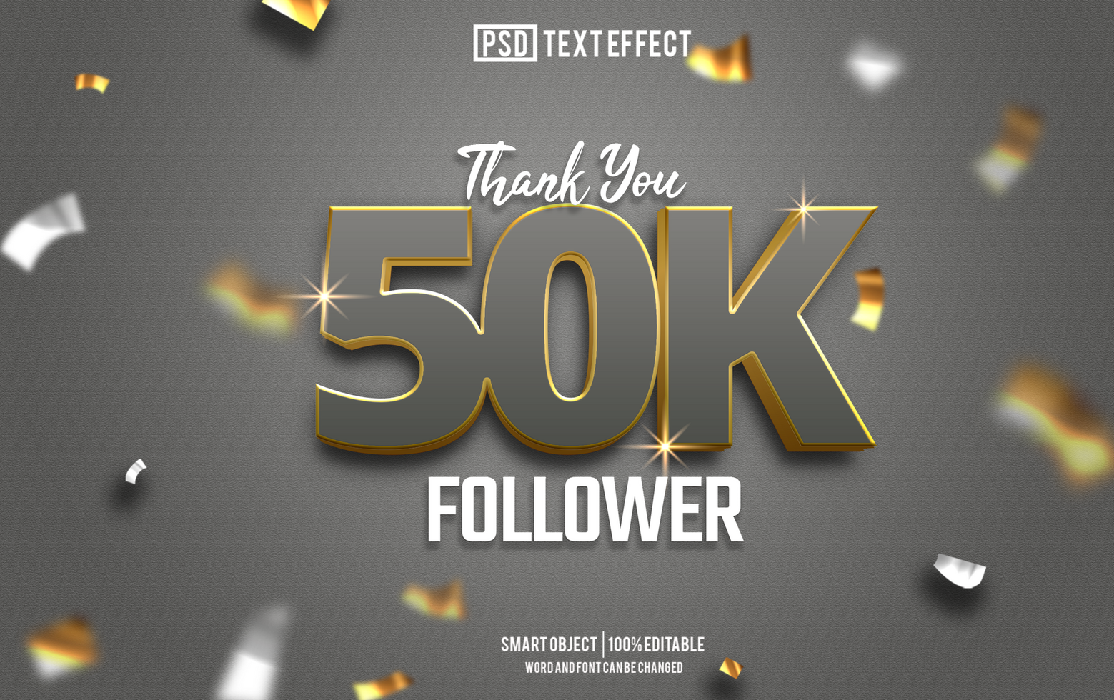 50k follower text effect, font editable, typography, 3d text psd