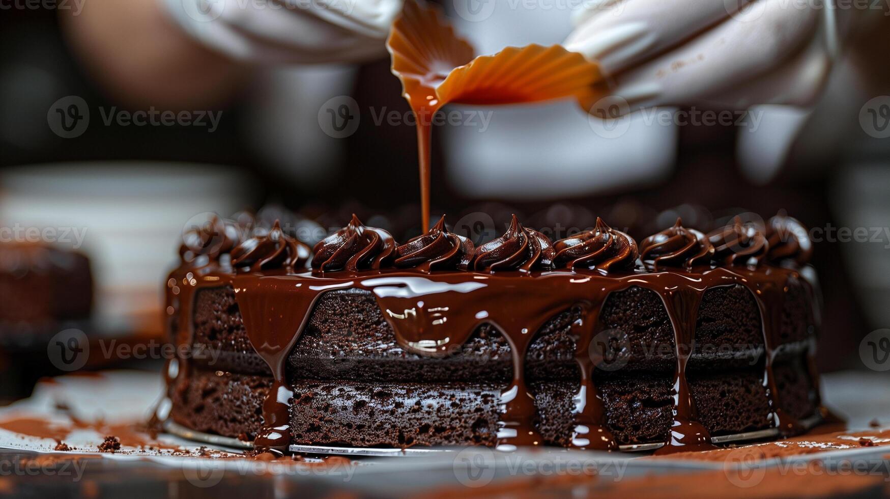 ai generado chocolate pastel con cocinero mano antecedentes foto