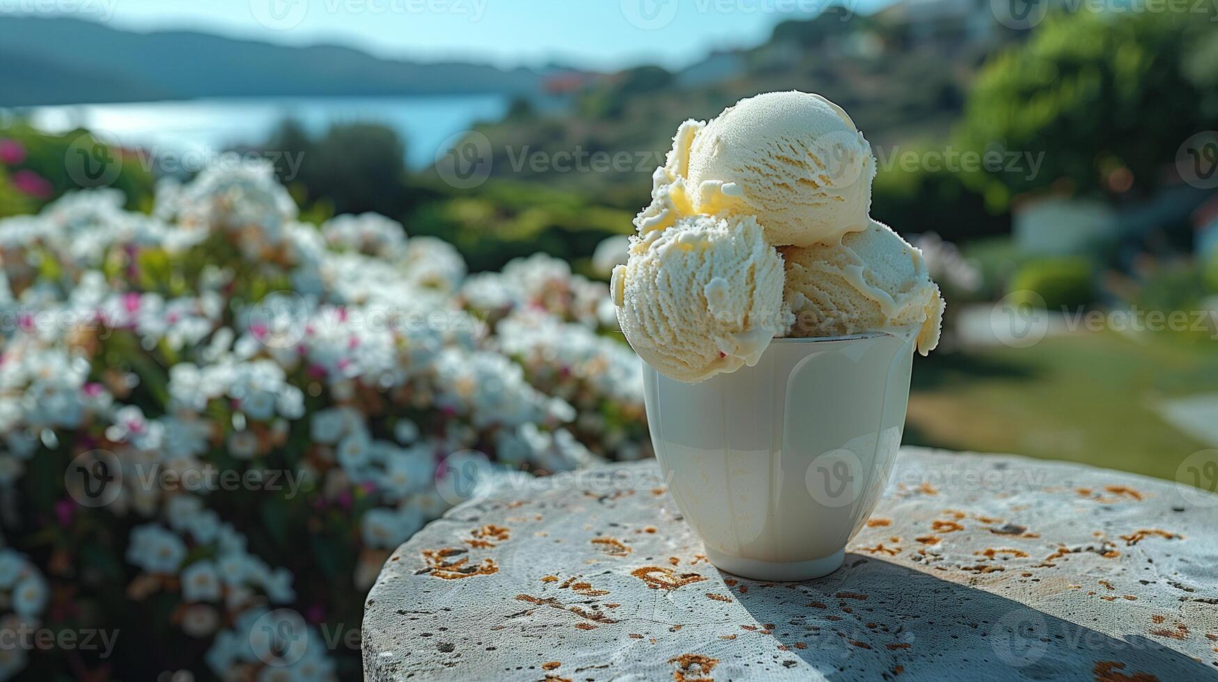 ai generado hielo crema cono a moderno restaurante antecedentes foto