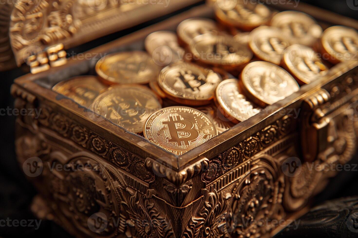AI generated Bitcoin In The Treasure Chest Background photo