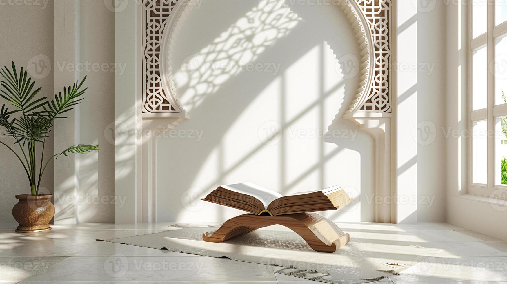 AI generated A wooden stand with an open holy Quran photo