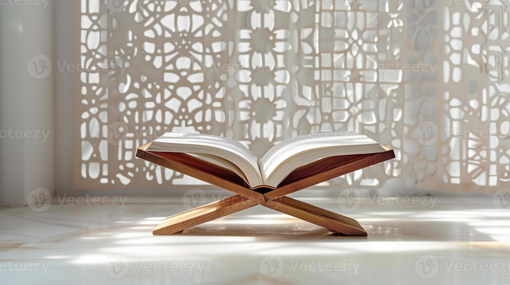 AI generated A wooden stand with an open holy Quran photo