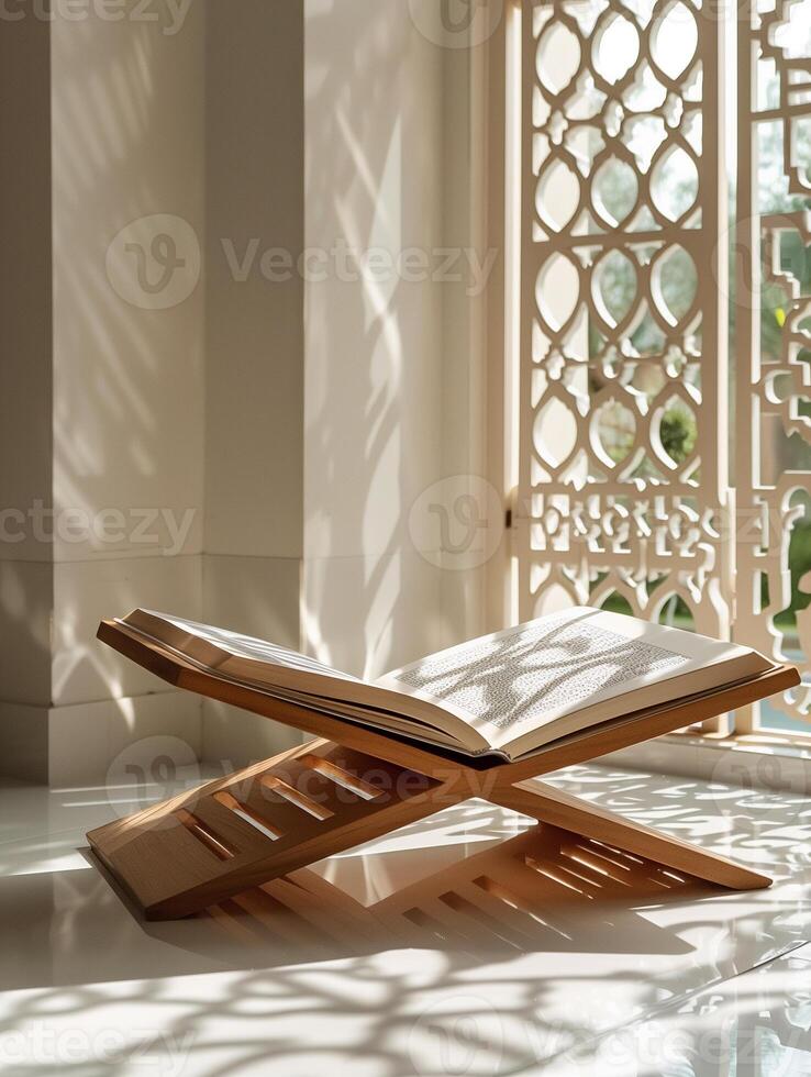 AI generated A wooden stand with an open holy Quran photo