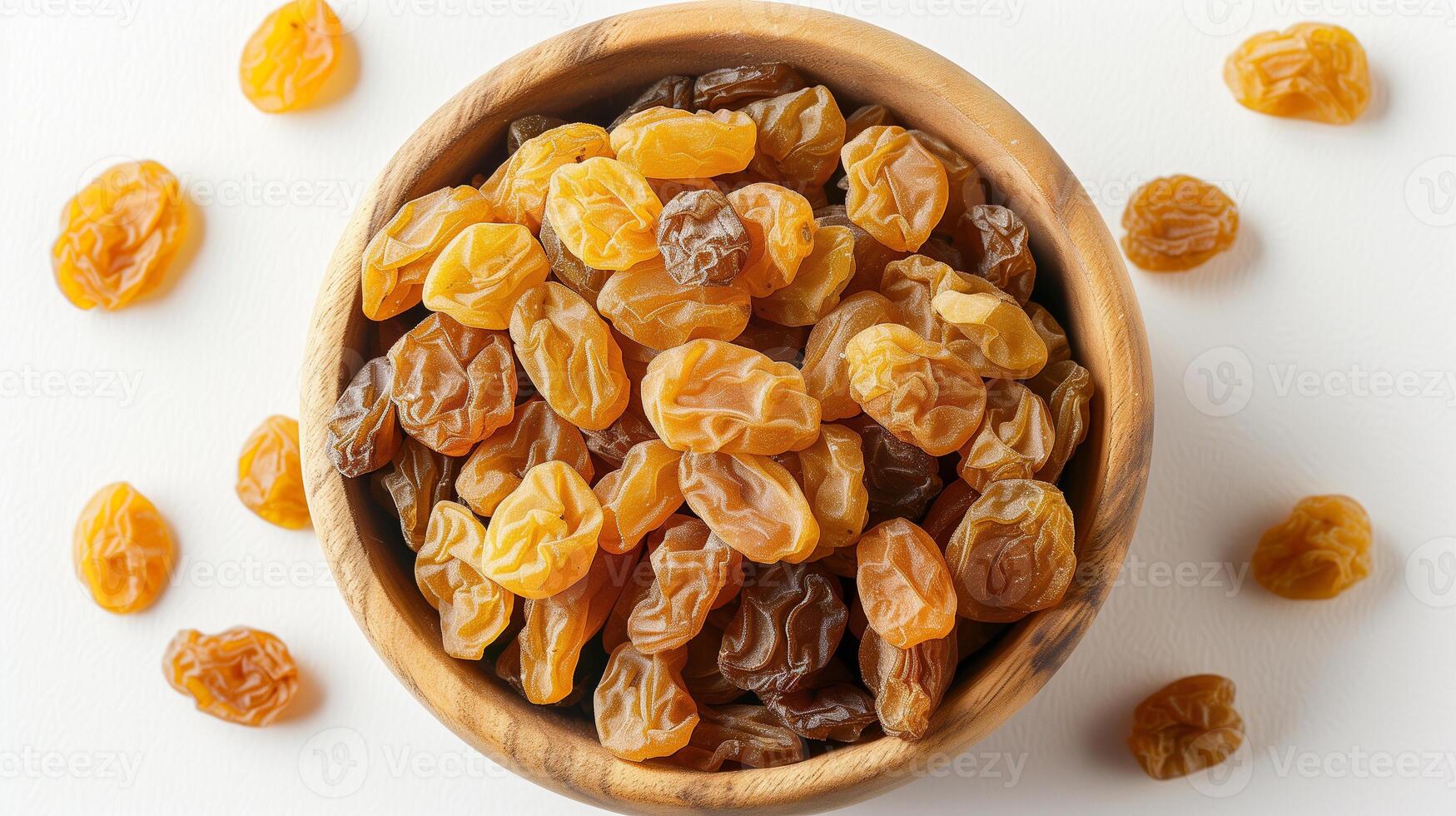 AI generated Raisins in a wooden bowl photo