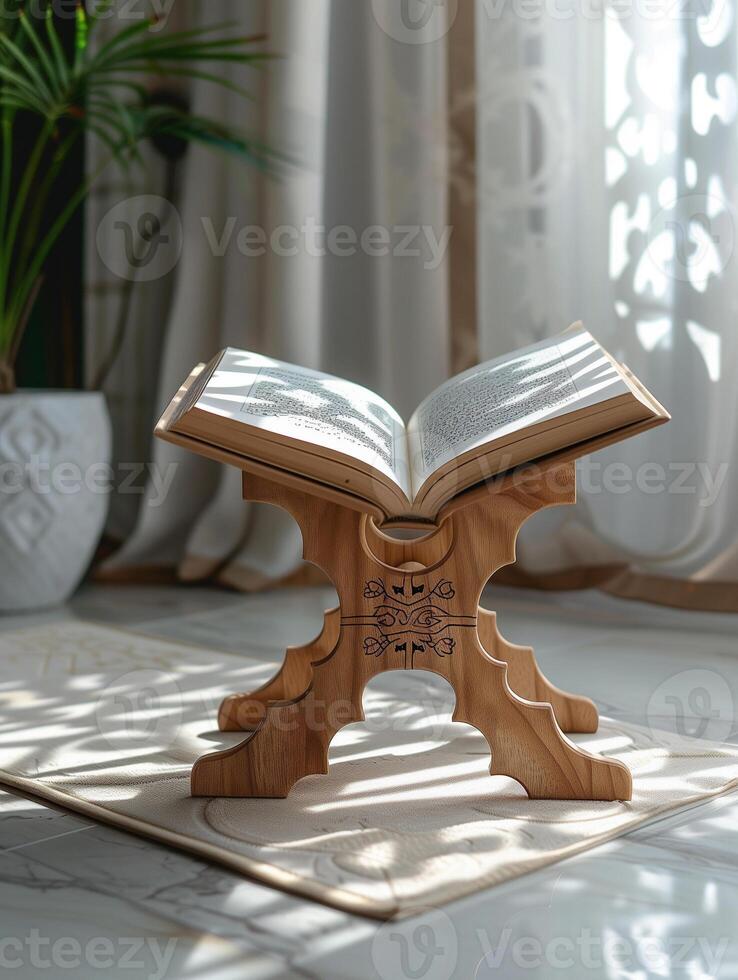 AI generated A wooden stand with an open holy Quran photo