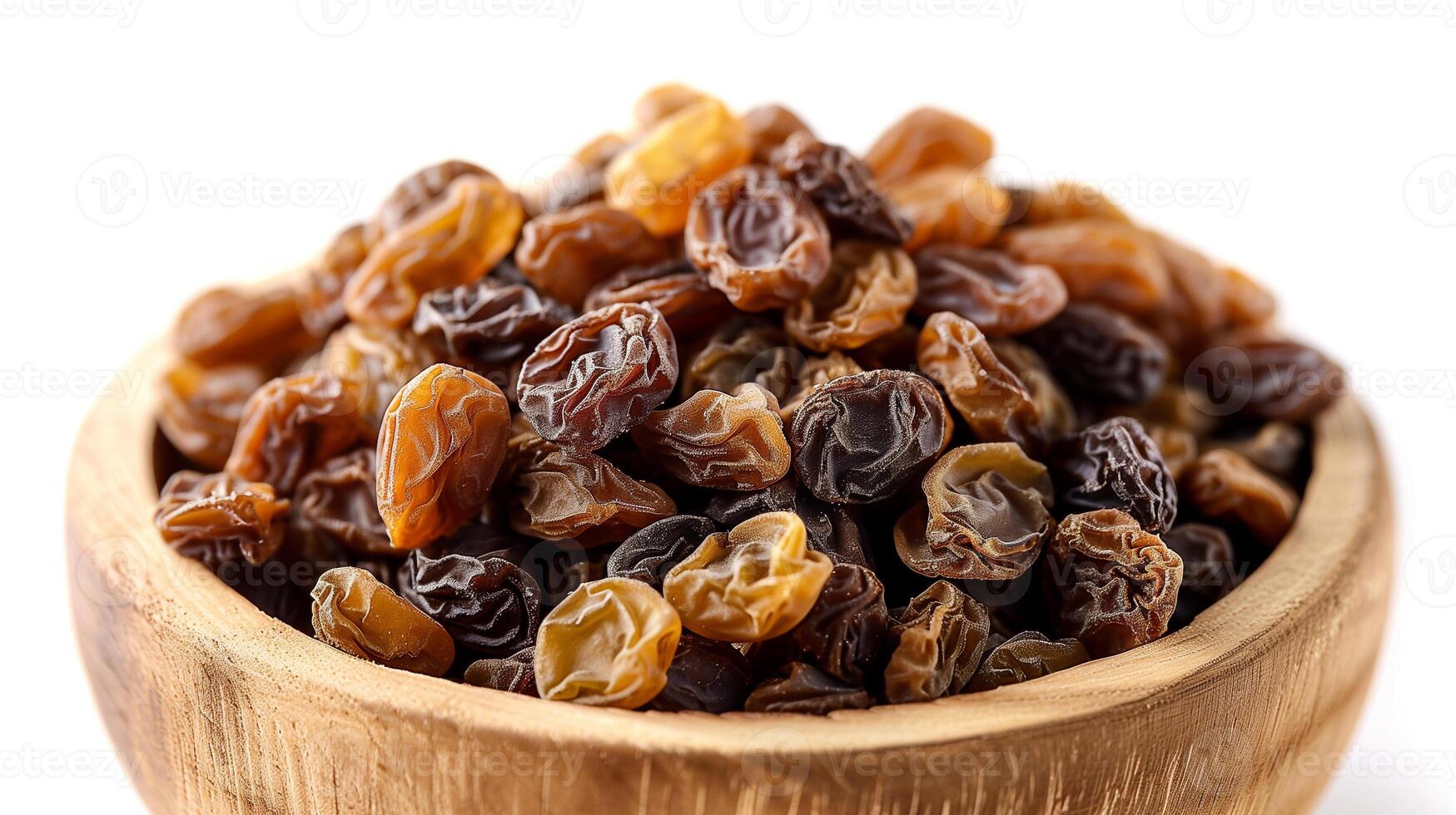 AI generated Raisins in a wooden bowl photo