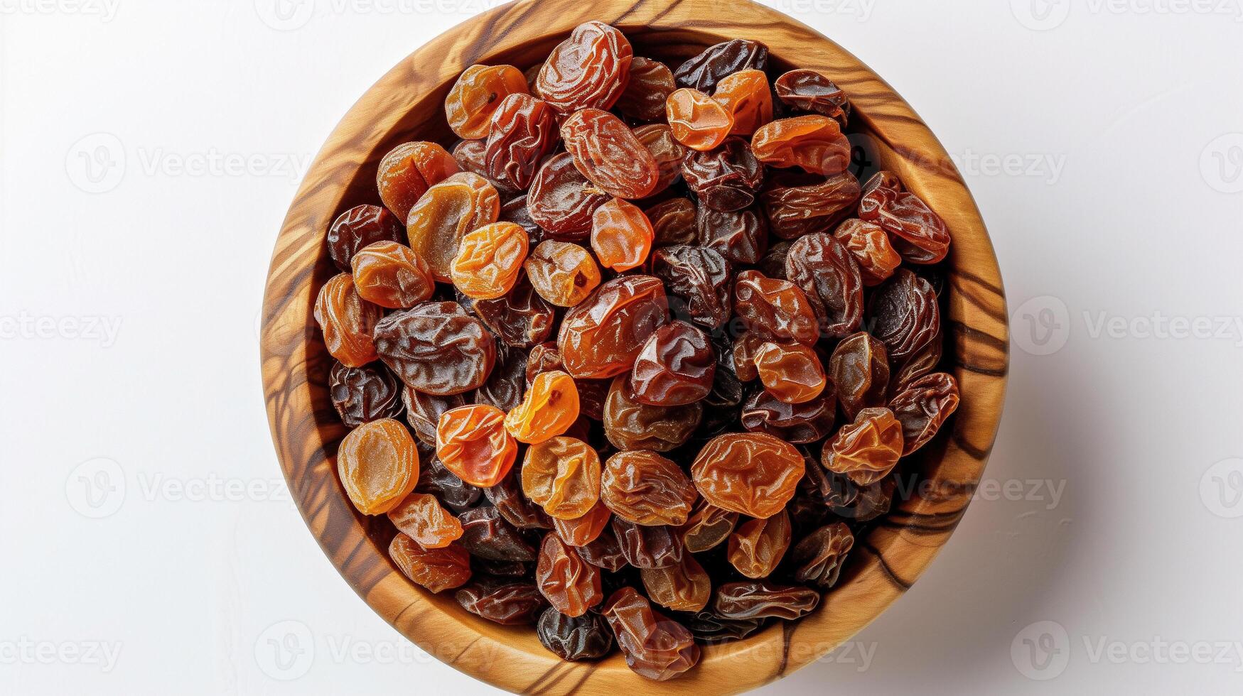 AI generated Raisins in a wooden bowl photo