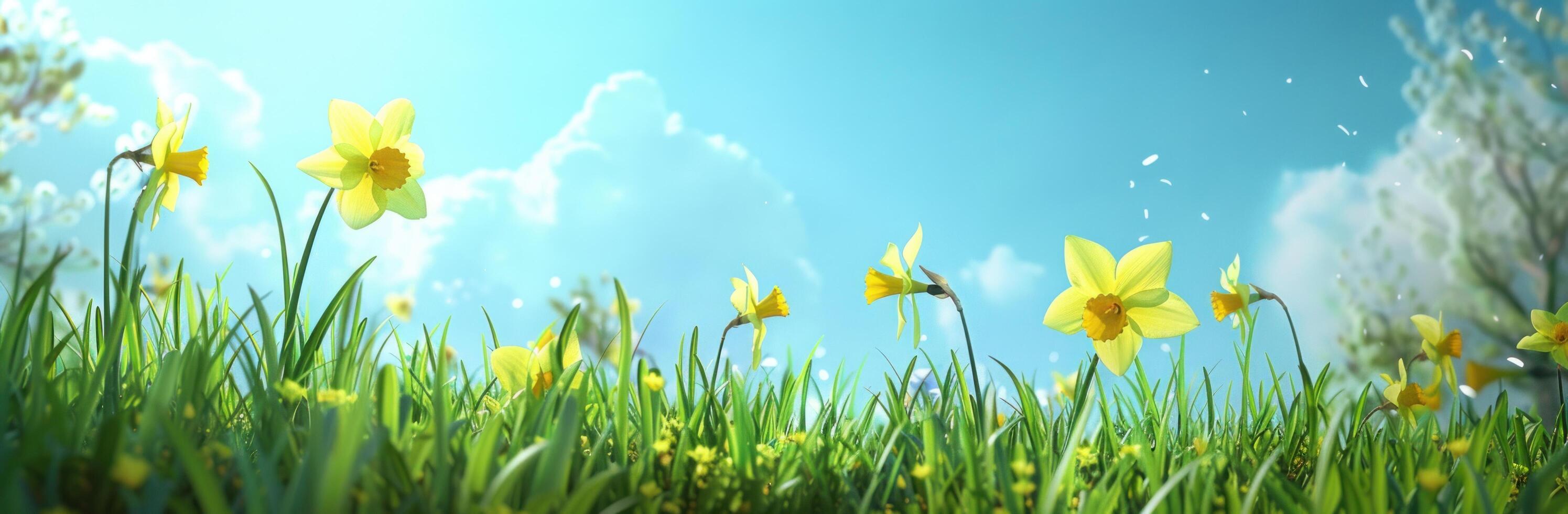 AI generated yellow daffodils on green grass under blue sky photo