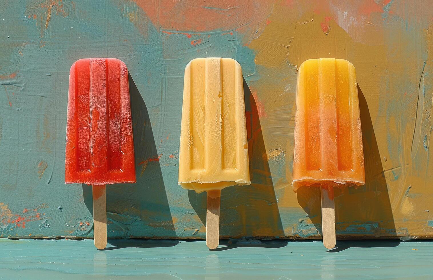 AI generated three popsicles on a blue surface photo