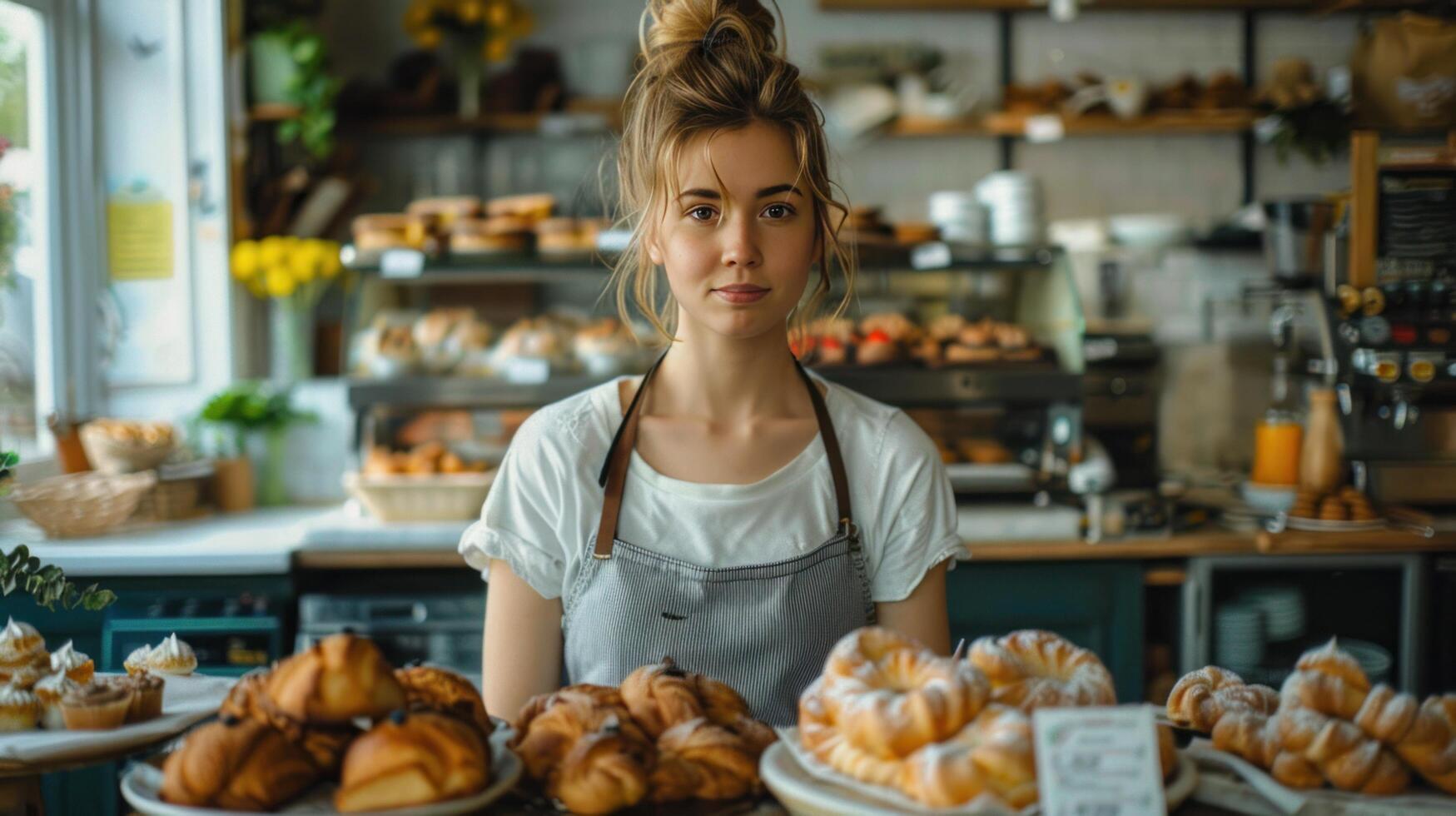 AI generated A female baker and entrepreneur, the owner of a startup small business, is pictured at the counter of her bakery photo