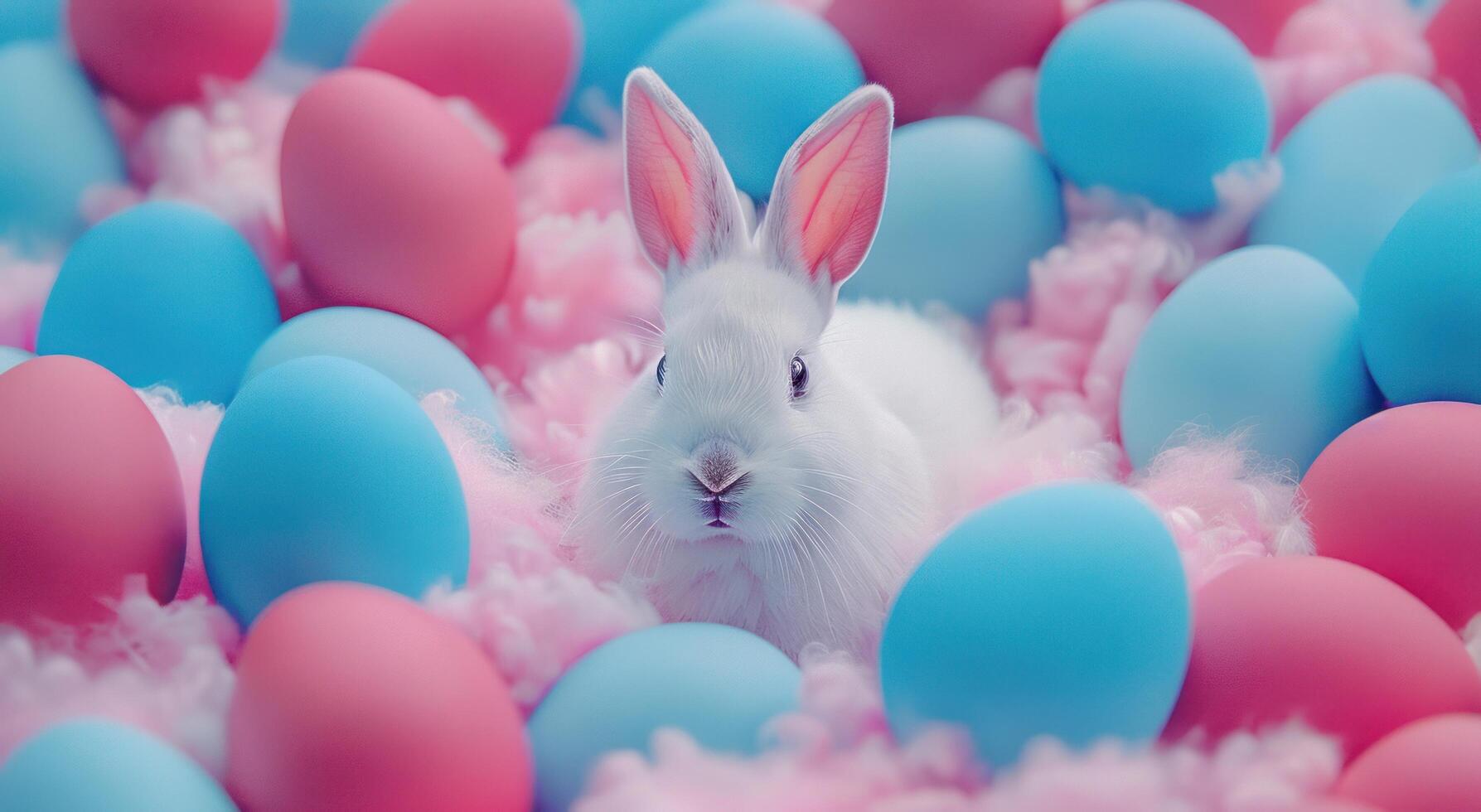 AI generated a white rabbit is standing in a crowd of pink and blue eggs photo