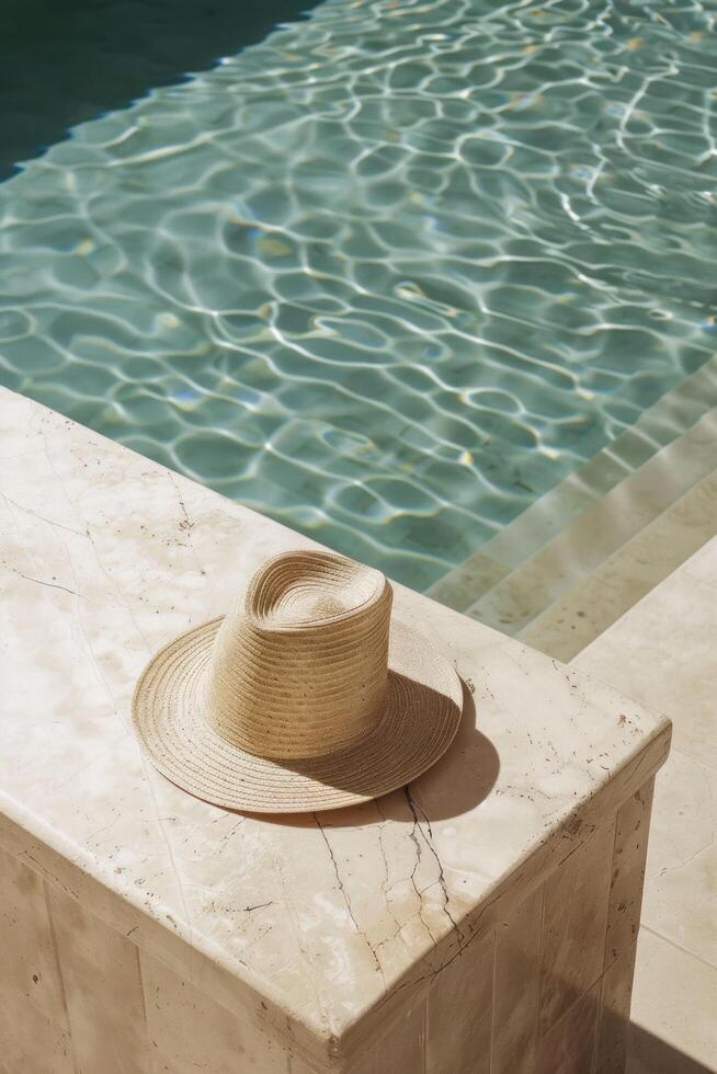 ai generado un Paja sombrero es sentado en un mármol mostrador siguiente a un piscina foto