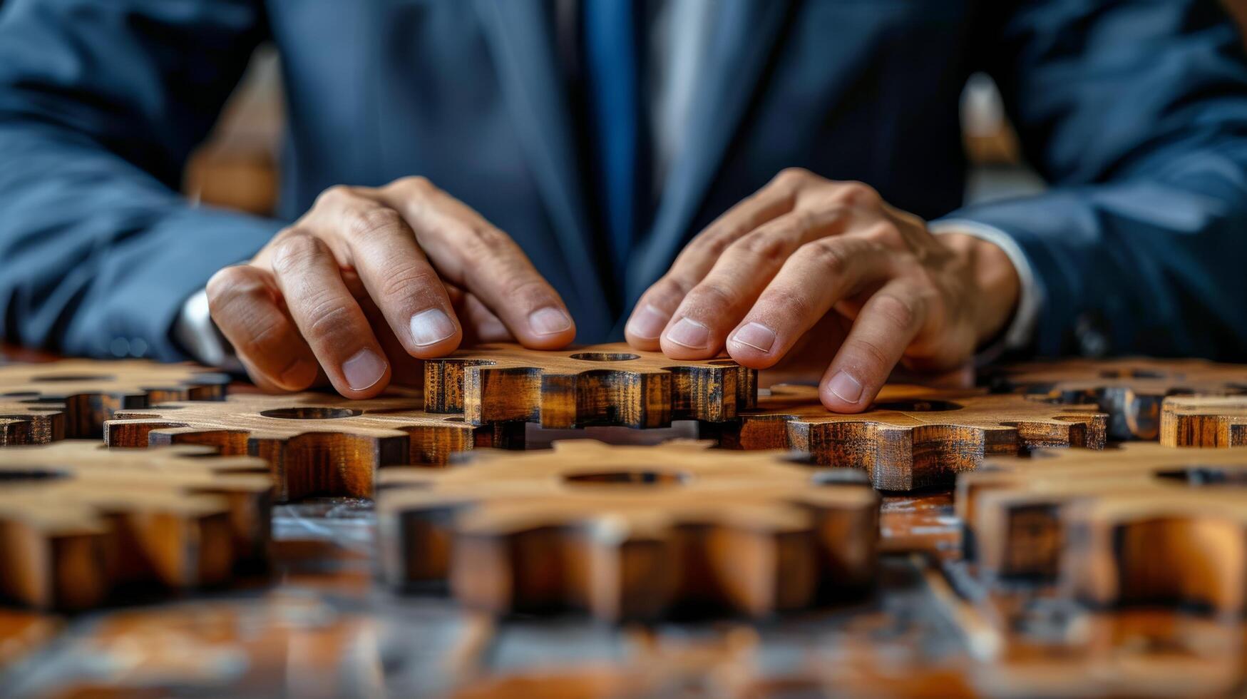 AI generated Close Up of Person Working on Wooden Gears photo