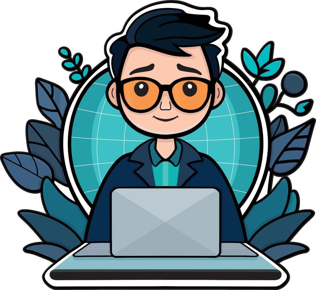 Man Working On Laptop Vector Icon Illustration. Work From Home Mascot Cartoon Character. People Icon Concept Isolated. Flat Cartoon Style Suitable for Web Landing Page, Banner, Flyer, Sticker, Card