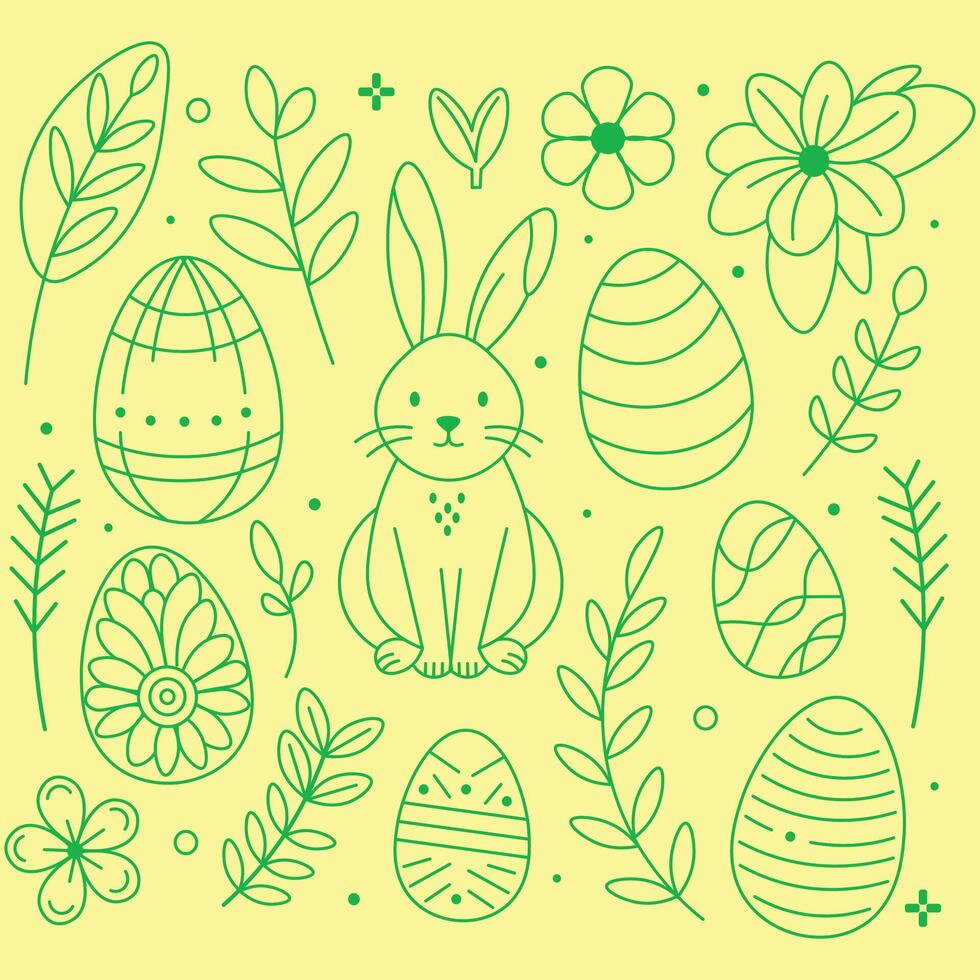 Hand-drawn easter bunny and eggs amidst spring florals on yellow background. Simple line art style vector