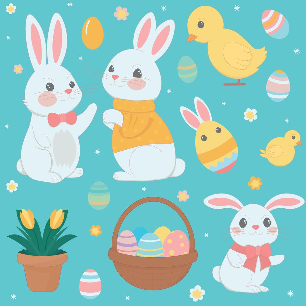 contento Pascua de Resurrección diseño elementos colocar. adorable conejitos en varios posa, alegre amarillo patitos, decorado huevos, y un cesta lleno con Pascua de Resurrección golosinas, todas conjunto en contra un suave azul antecedentes vector