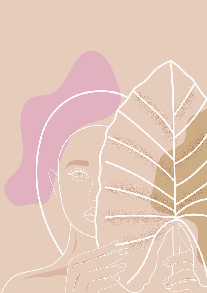 resumen ilustración de un mujer, parcialmente oscurecido por un grande hoja, conjunto en contra un sencillo beige fondo. el minimalista Arte estilo se enfoca en suave pastel colores y limpiar líneas vector