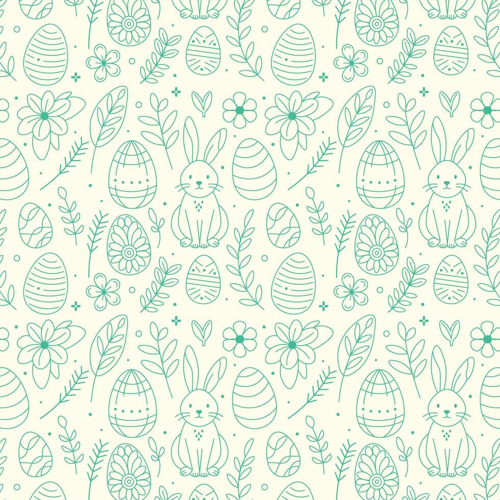 Hand-drawn easter-themed pattern featuring bunnies and eggs on a light background vector