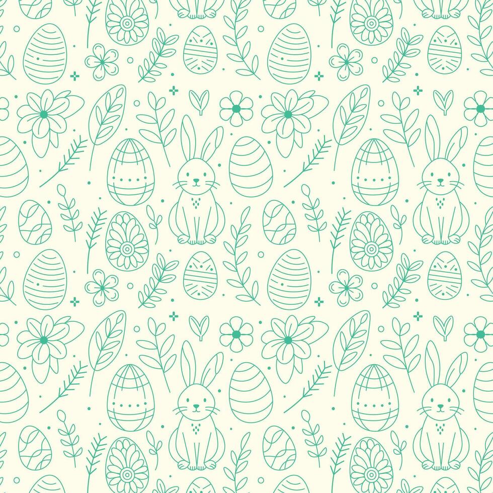 Hand-drawn easter-themed pattern featuring bunnies and eggs on a light background vector