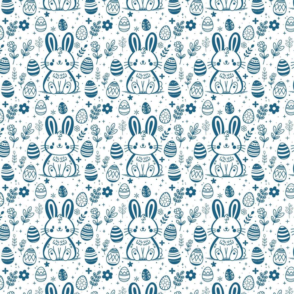 Vector seamless gentle pattern with decorative eggs, plants and bunny. Easter holiday white background for website, printing on fabric, gift wrap and wallpapers