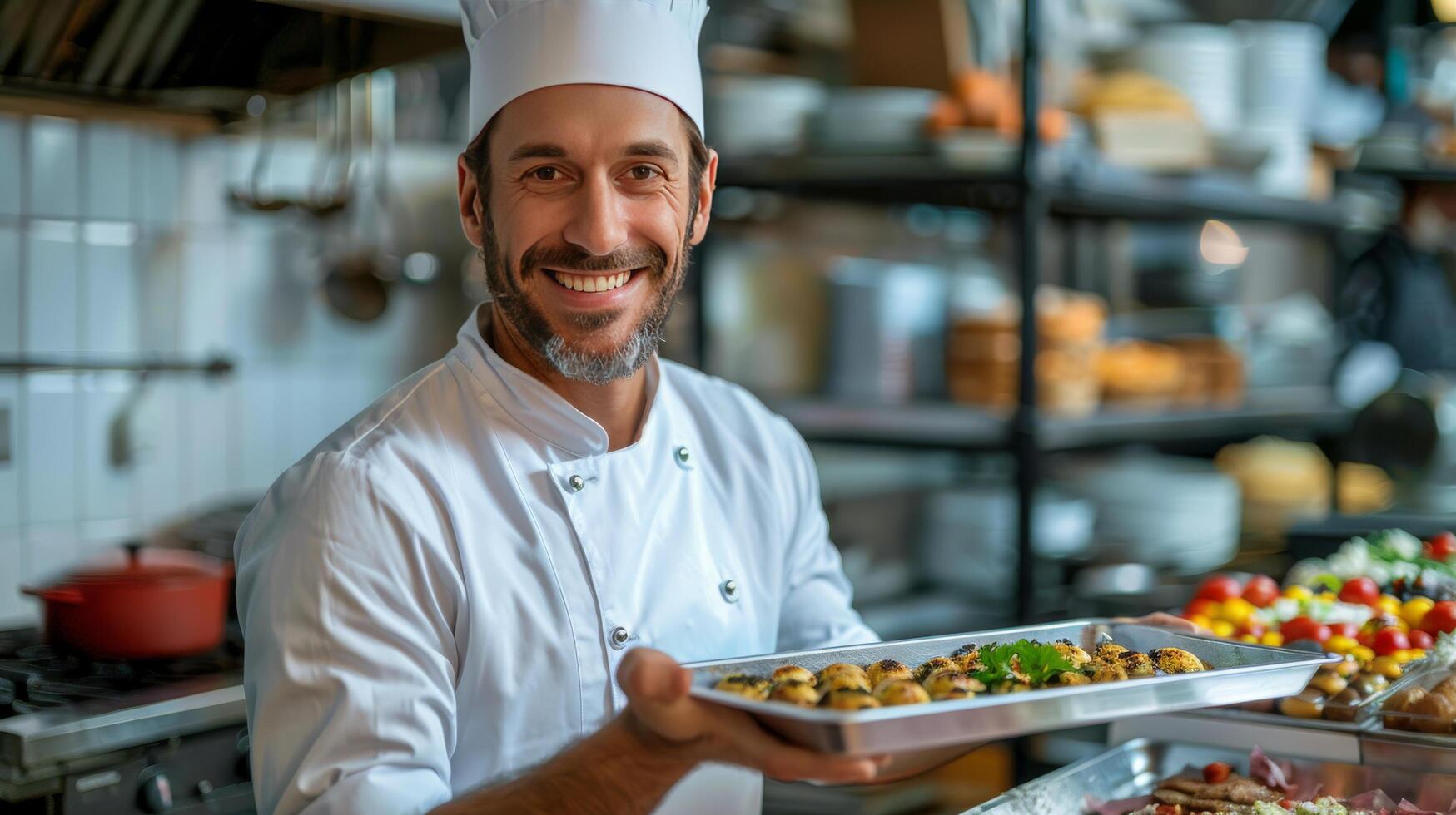 ai generado sonriente cocinero en cocina foto