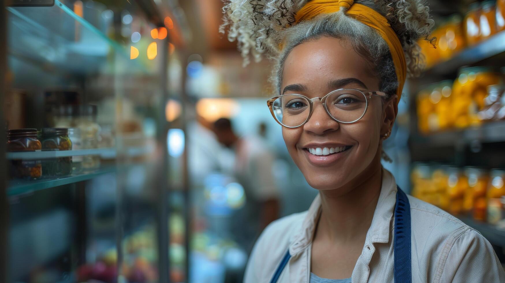 ai generado mujer vistiendo lentes y amarillo venda sonrisas foto