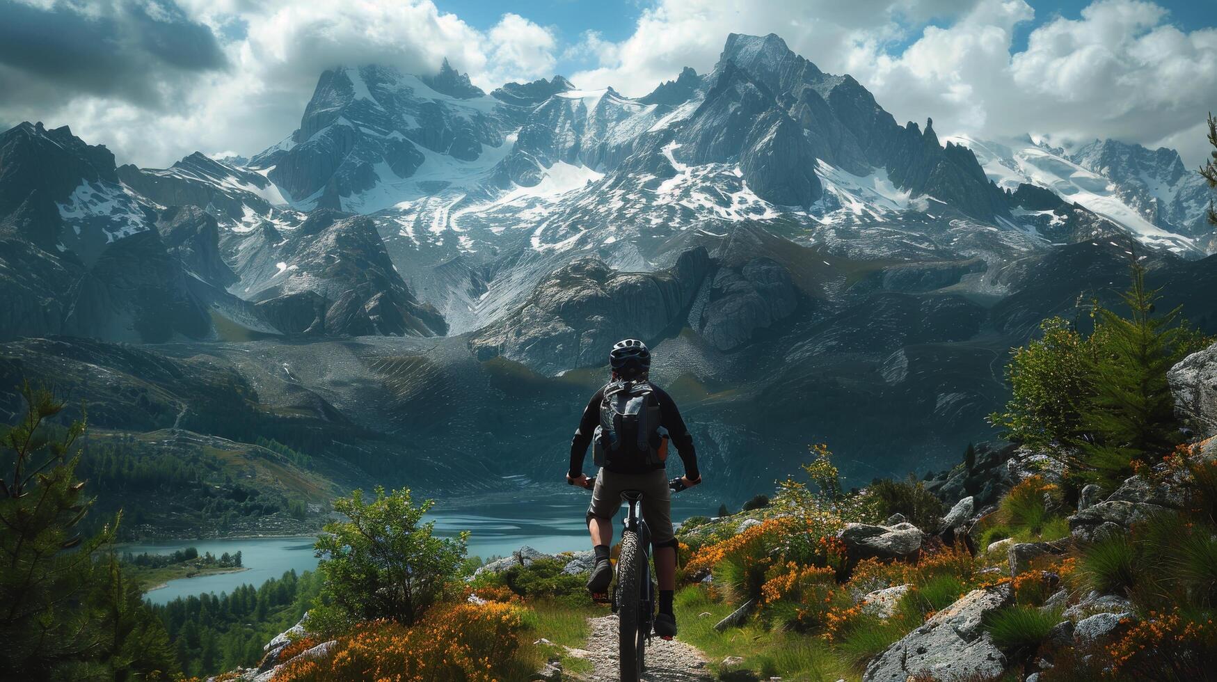 AI generated Man Riding Bike Down Mountain Trail photo