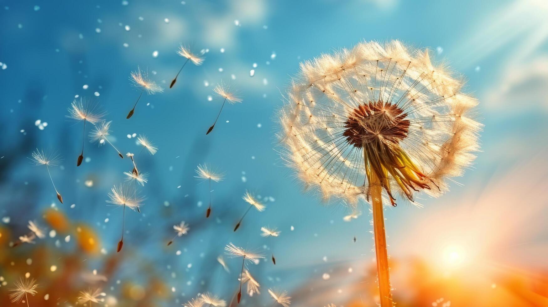 ai generado diente de león soplo en viento en soleado día foto