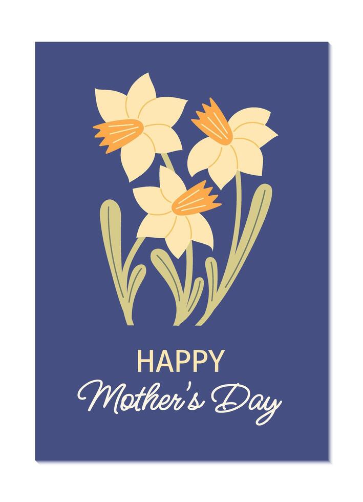 Happy Mother's Day greeting card with daffodil flowers in flat style. vector