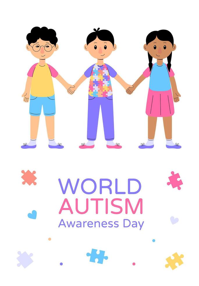 mundo autismo conciencia día bandera con niños participación manos. vector