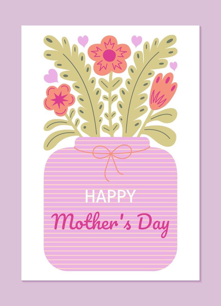 Happy Mother's Day greeting card with flowers in a vase in flat style vector