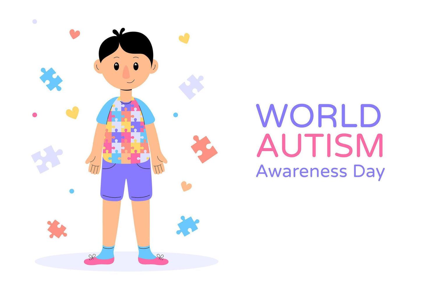 World Autism Awareness Day banner with boy wearing puzzle t-shirt. vector